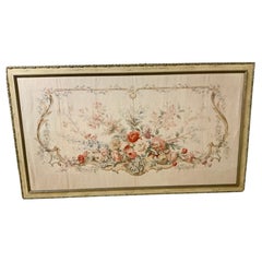Vintage French kartoun / painted floral tapestry on linen with custom painted frame