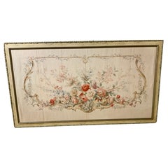 French kartoun / painted floral tapestry on linen with custom painted frame