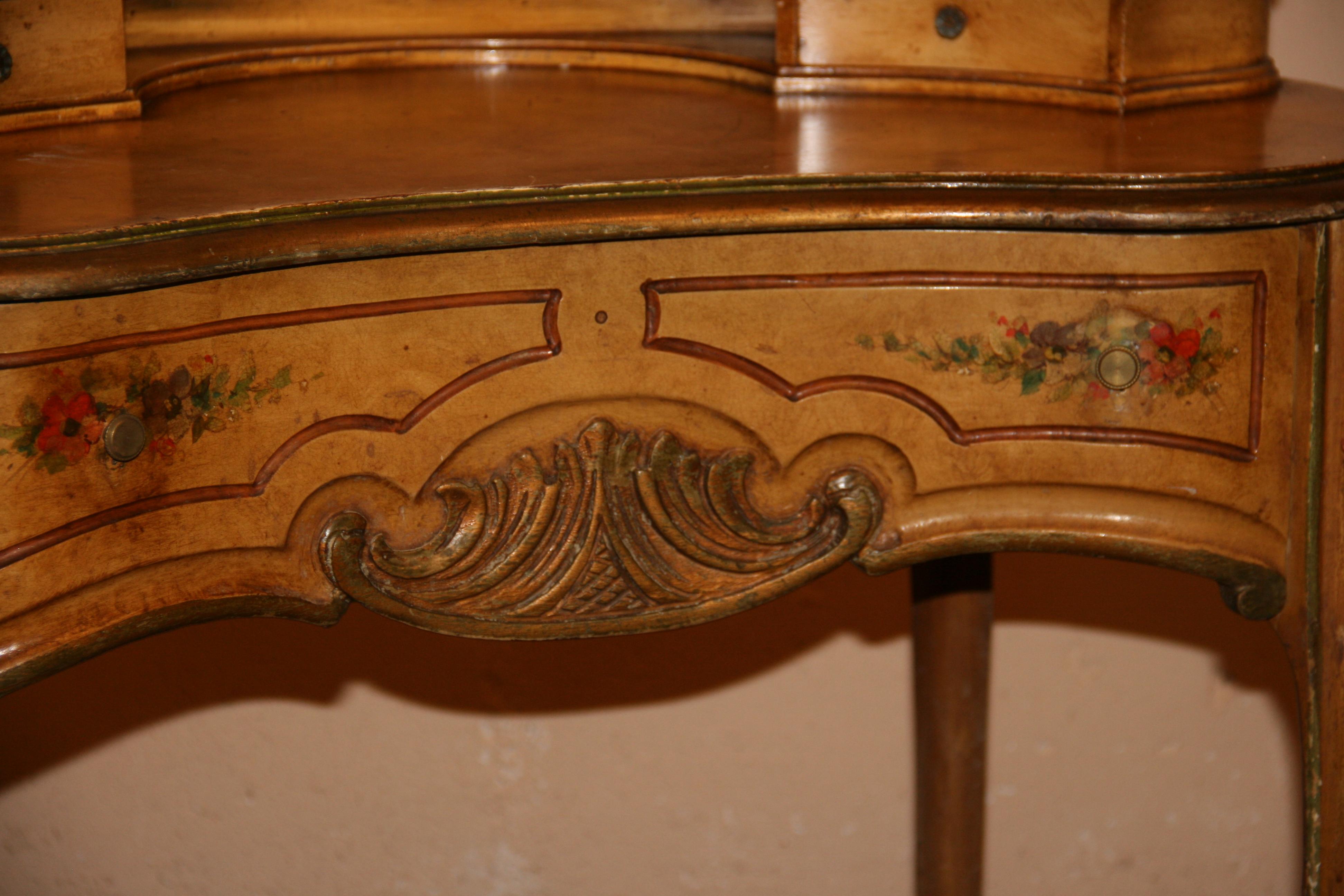 Early 20th Century French Kidney Shaped Hand Painted Desk and Chair 1920's For Sale