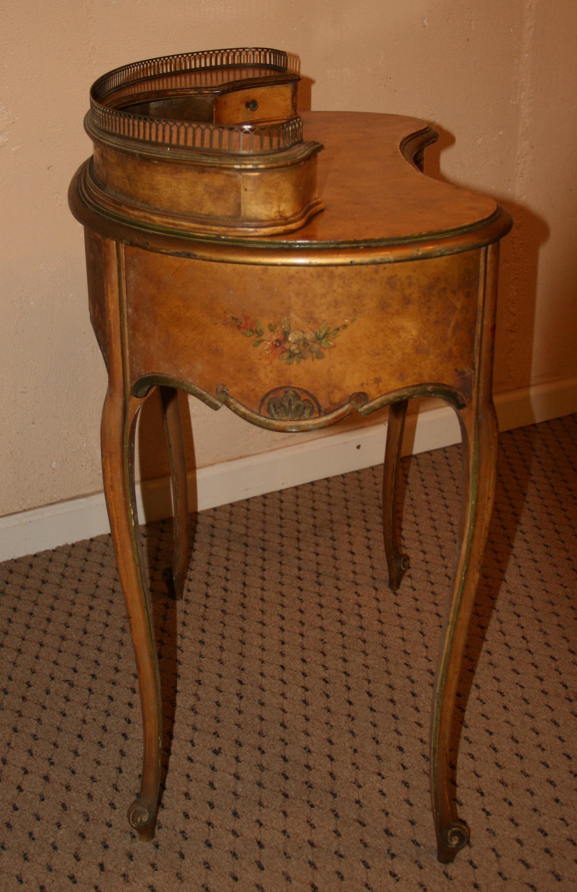 Brass French Kidney Shaped Hand Painted Desk and Chair 1920's For Sale
