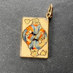 French King of Hearts Playing Card 18K Yellow Gold Enamel Charm Pendant