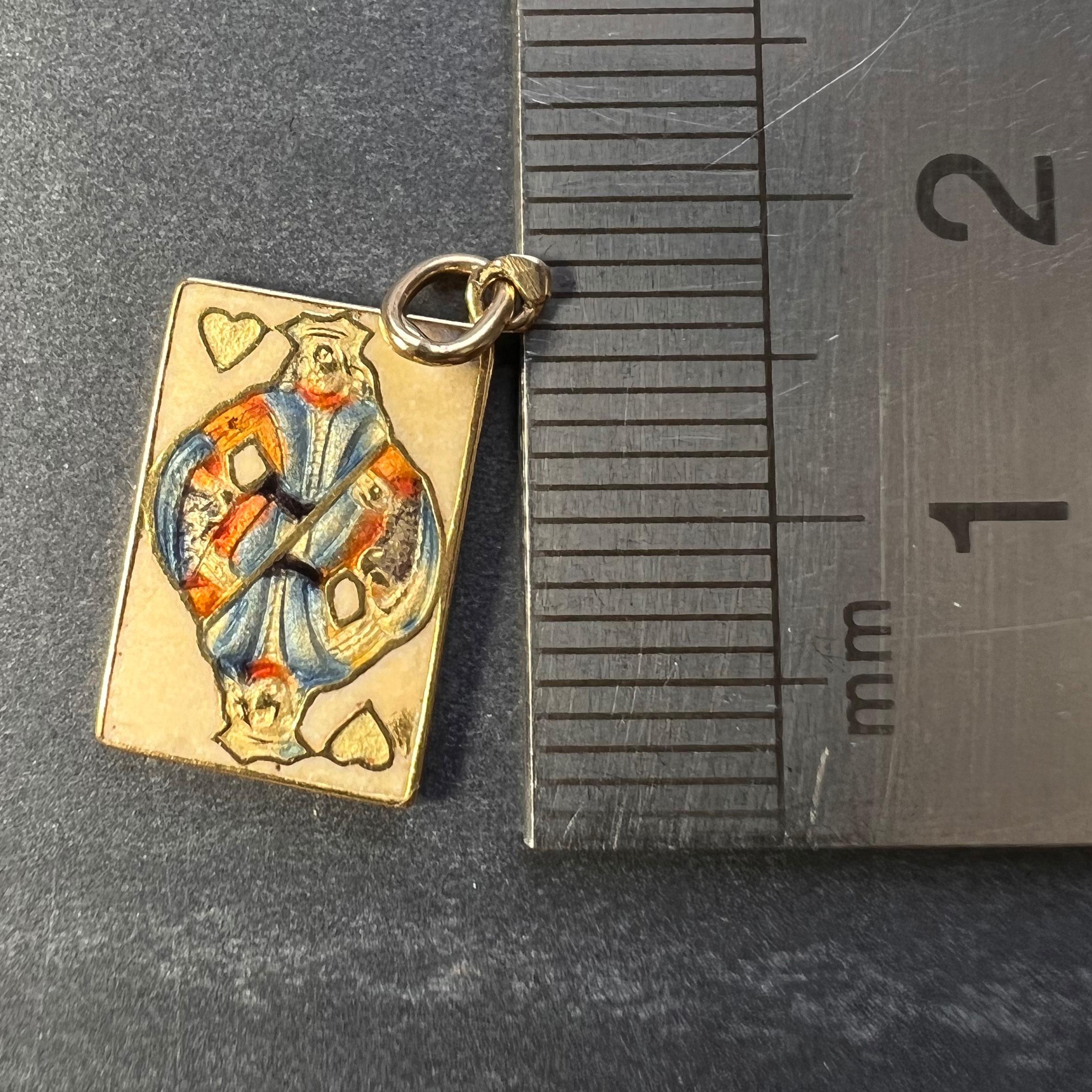 French King of Hearts Playing Card 18K Yellow Gold Enamel Charm Pendant In Good Condition In London, GB