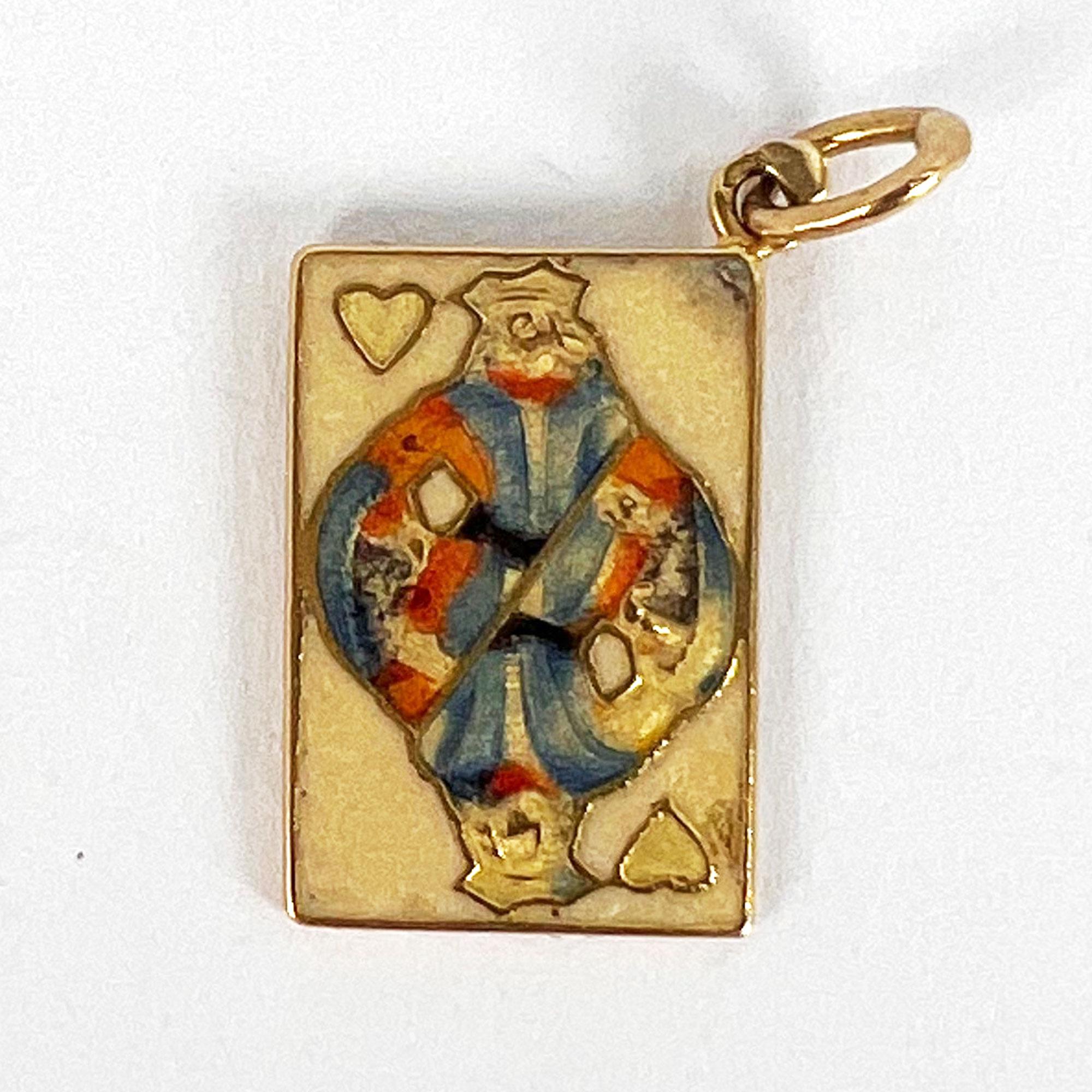 French King of Hearts Playing Card 18K Yellow Gold Enamel Charm Pendant 1