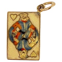 Vintage French King of Hearts Playing Card 18K Yellow Gold Enamel Charm Pendant