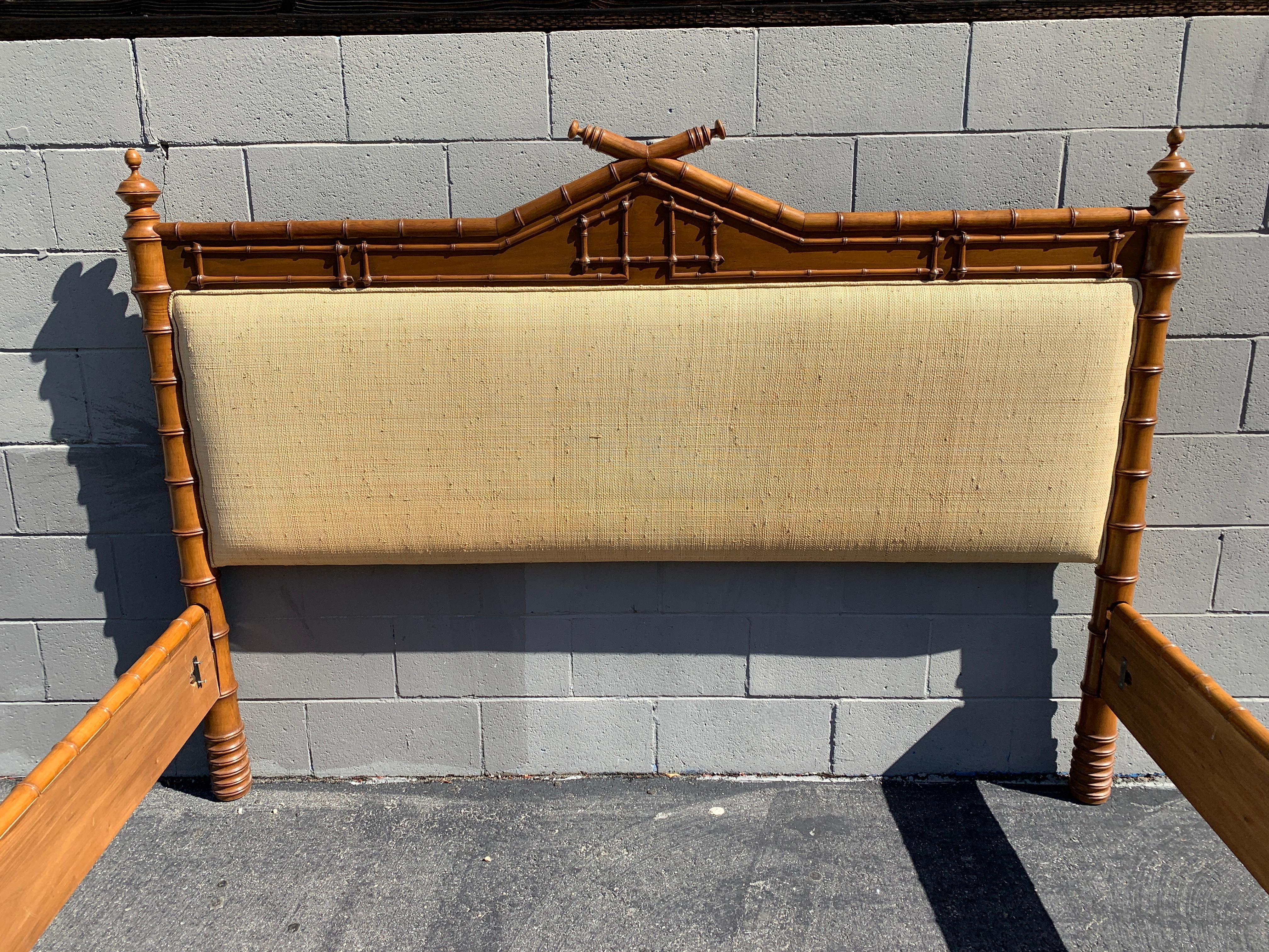 French King Size Faux Bamboo Bed with Grass Cloth Headboard 3