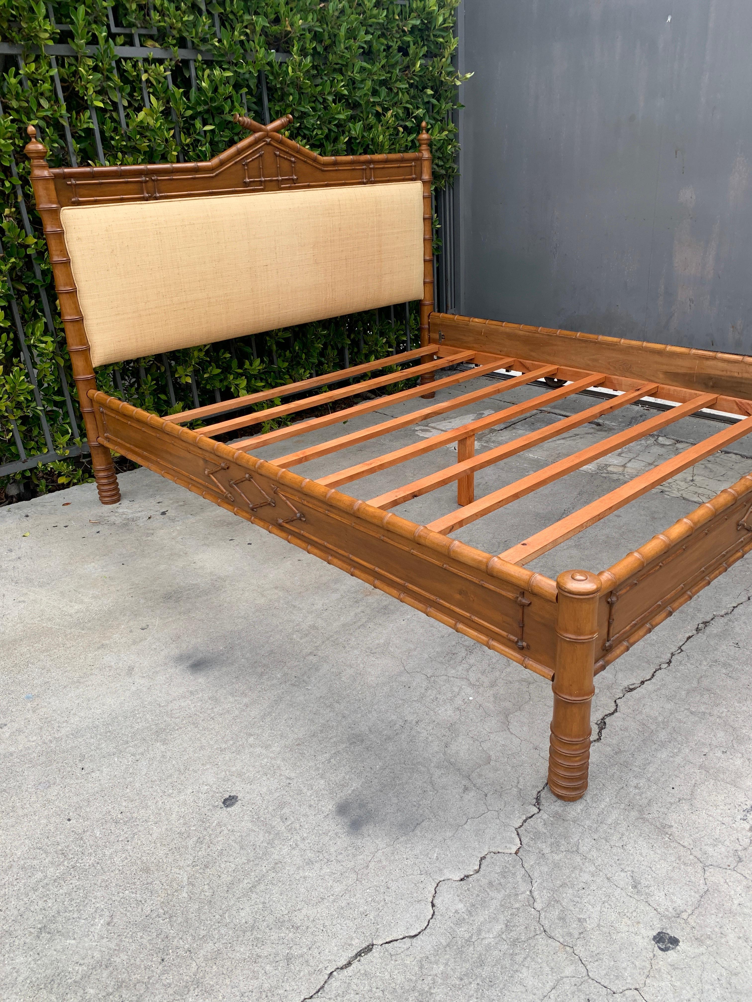 French King Size Faux Bamboo Bed with Grass Cloth Headboard 4