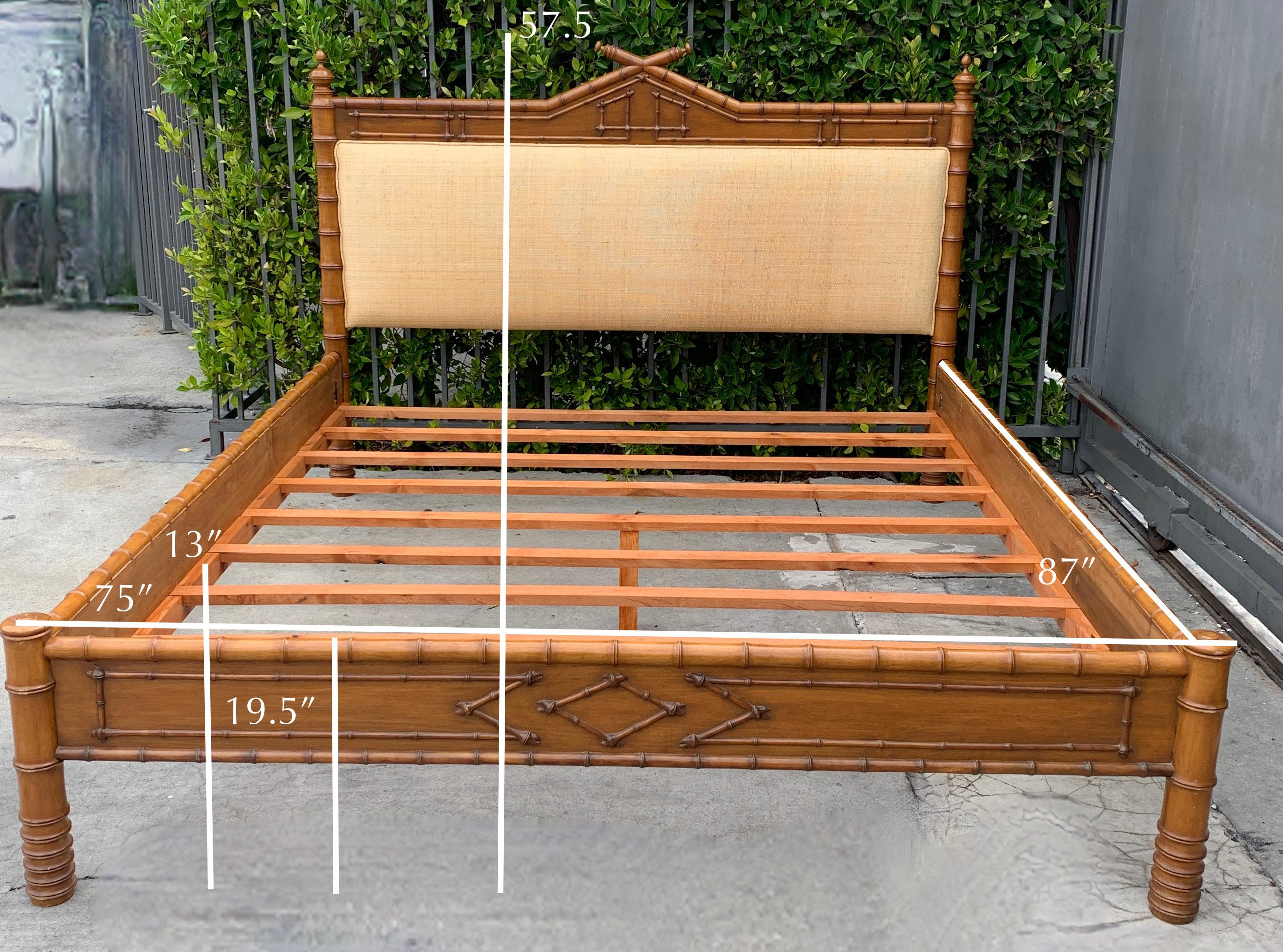 King size faux bamboo bed - a wonderfully designed colonial style bed - perfect compliment to any bedroom, or guest room. The hard to find King frame is very sturdy with an upholstered headboard in grass cloth / raffia. In wonderful condition and