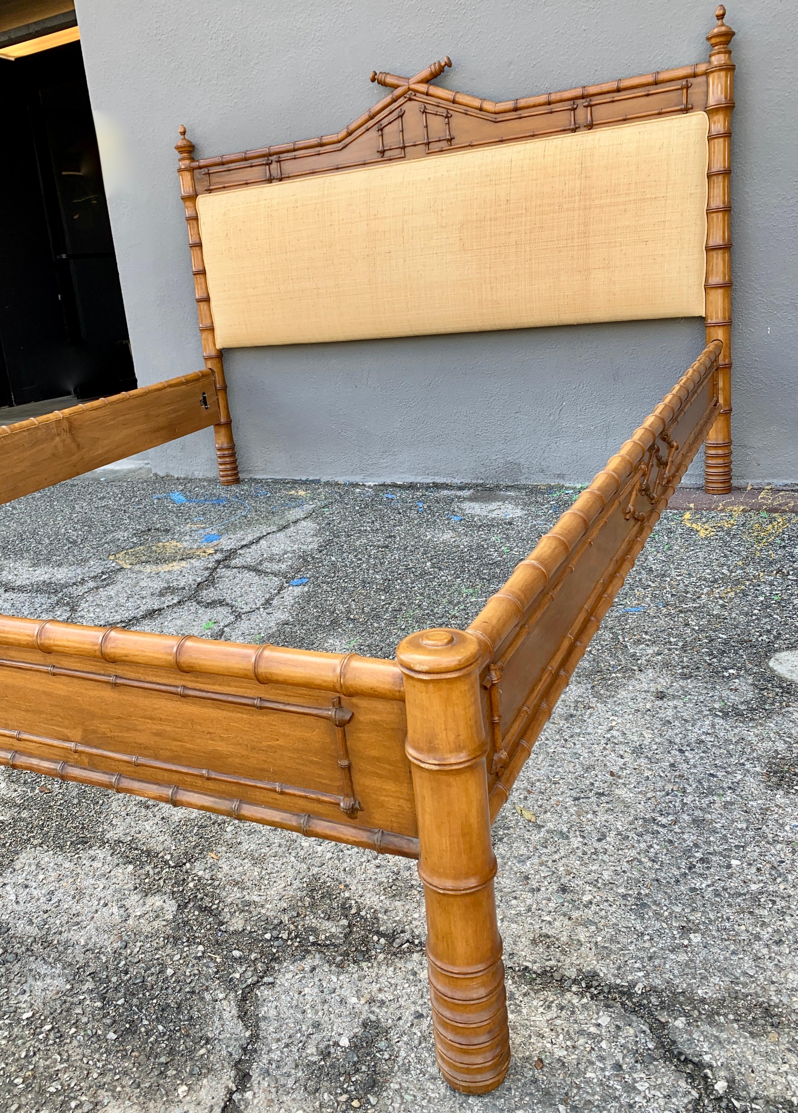 French King Size Faux Bamboo Bed with Grass Cloth Headboard In Good Condition In Los Angeles, CA