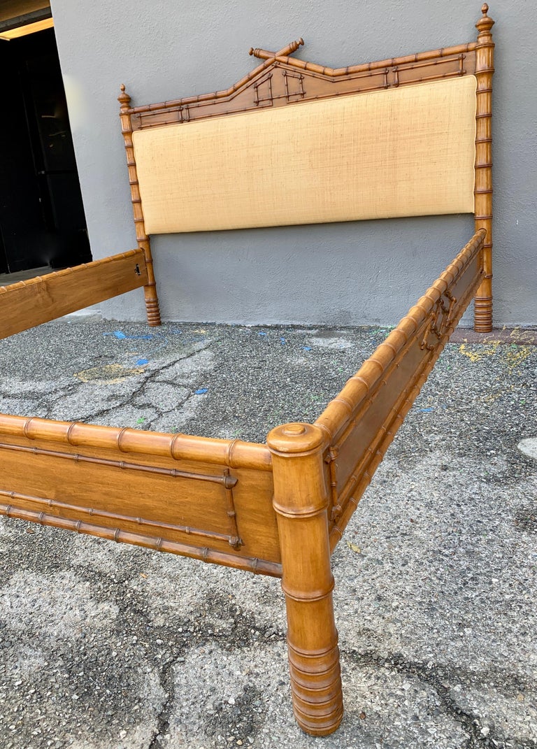 French King Size Faux Bamboo Bed with Grass Cloth Headboard at 1stDibs