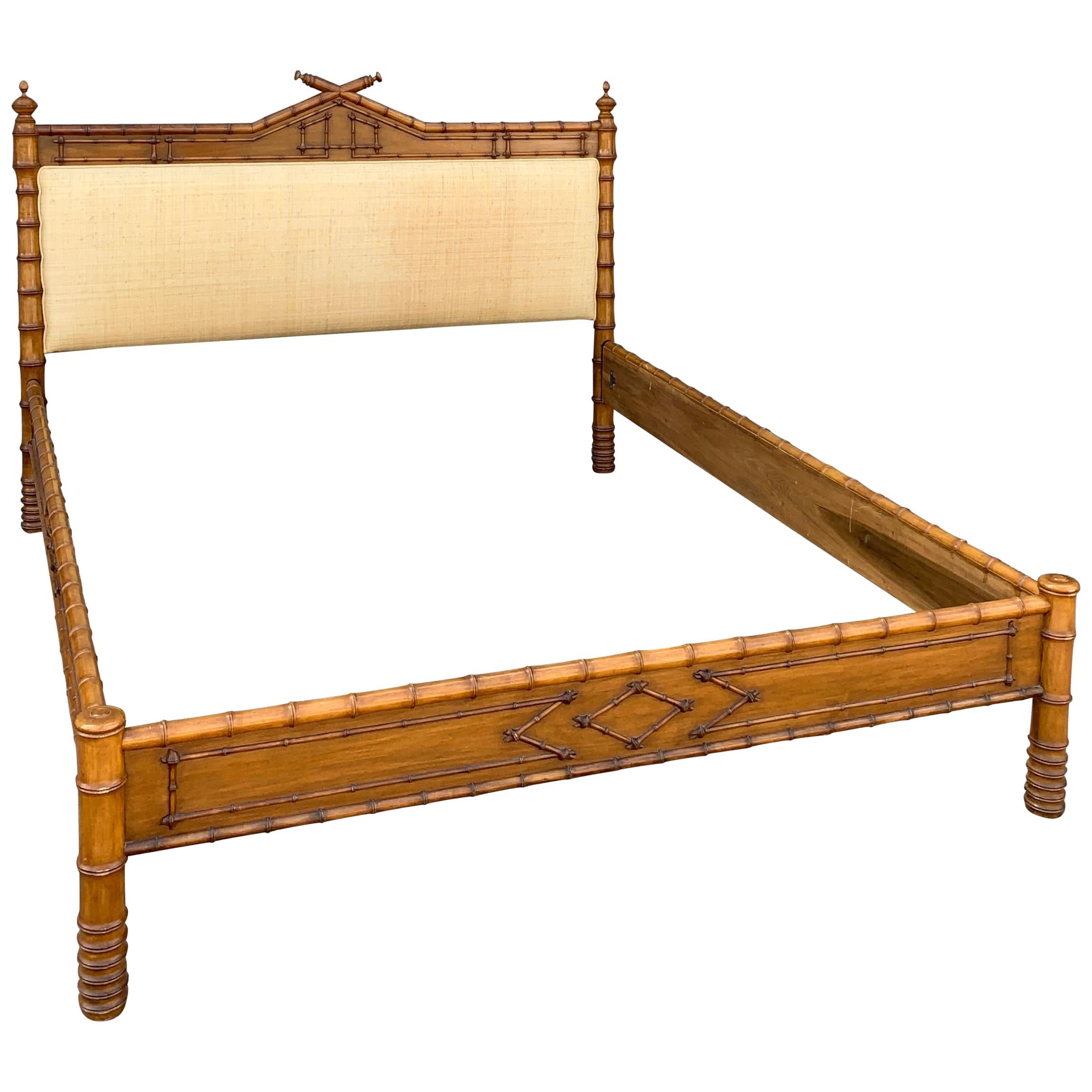 French King Size Faux Bamboo Bed with Grass Cloth Headboard 5