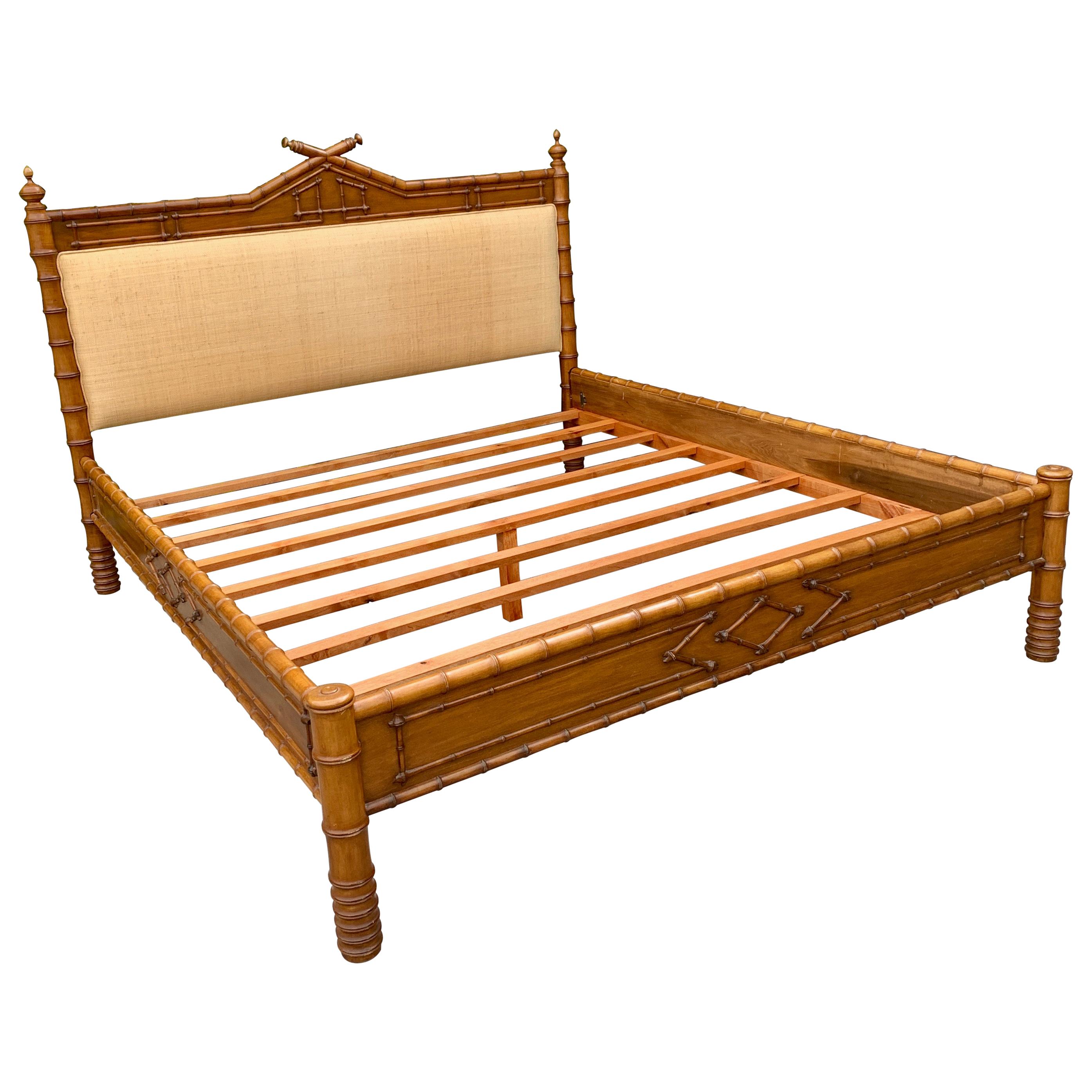 French King Size Faux Bamboo Bed with Grass Cloth Headboard