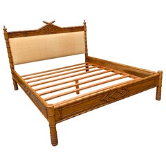 Antique French King Size Faux Bamboo Bed with Grass Cloth Headboard