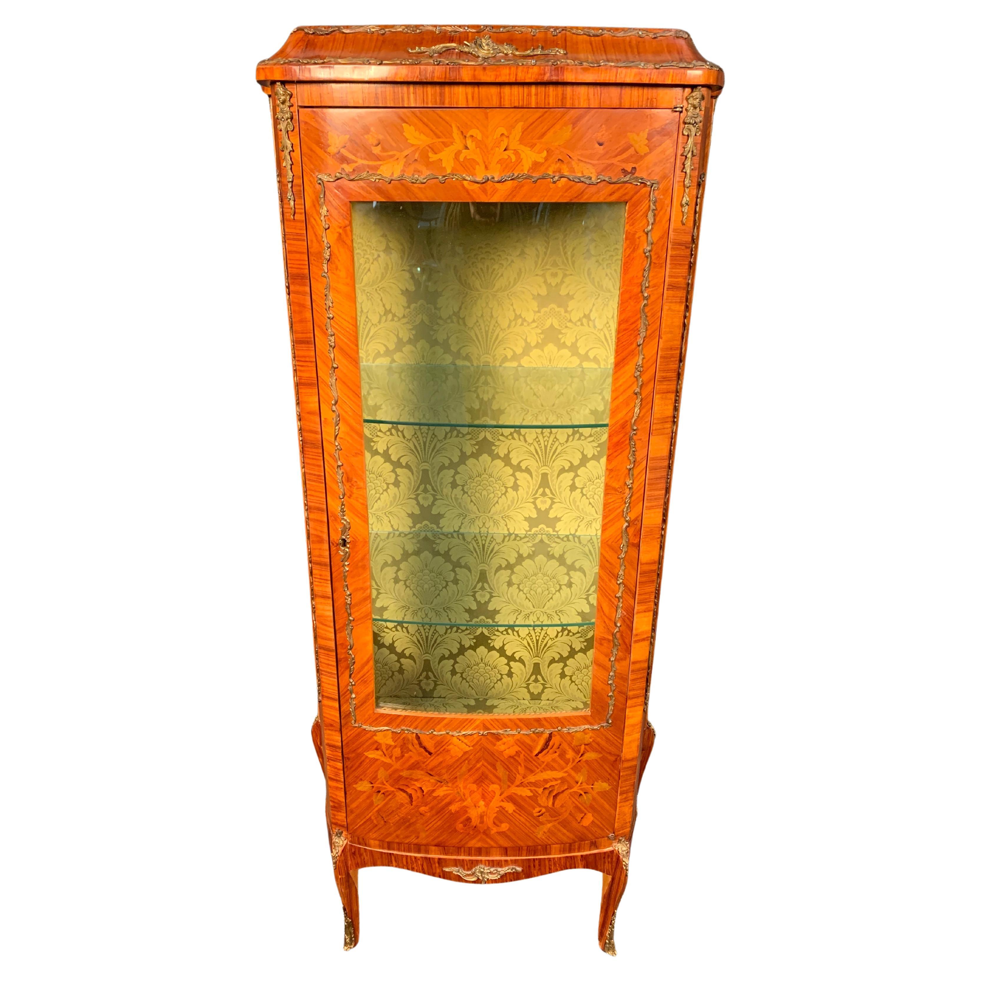 Per la tua considerazione una squisita vetrinetta in legno di re di fine Ottocento in stile Luigi XVI, con montature dorate e ormolu, pannelli frontali in vetro sagomato e ripiani in vetro, tessuto floreale foderato all'interno, intarsio fogliaceo