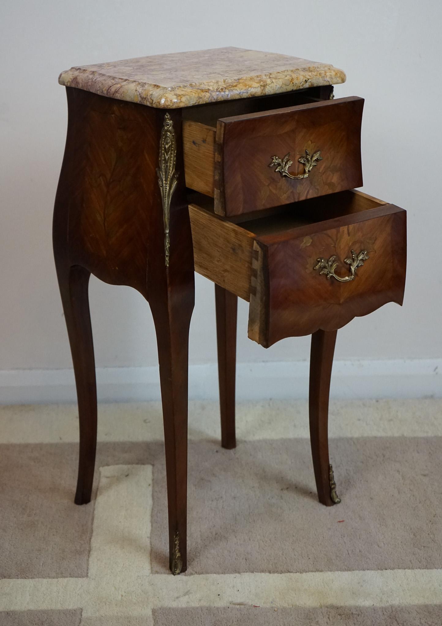 Louis XIV French Kingwood and Floral Marquetry Inlaid Bedside Chest with Marble Top For Sale