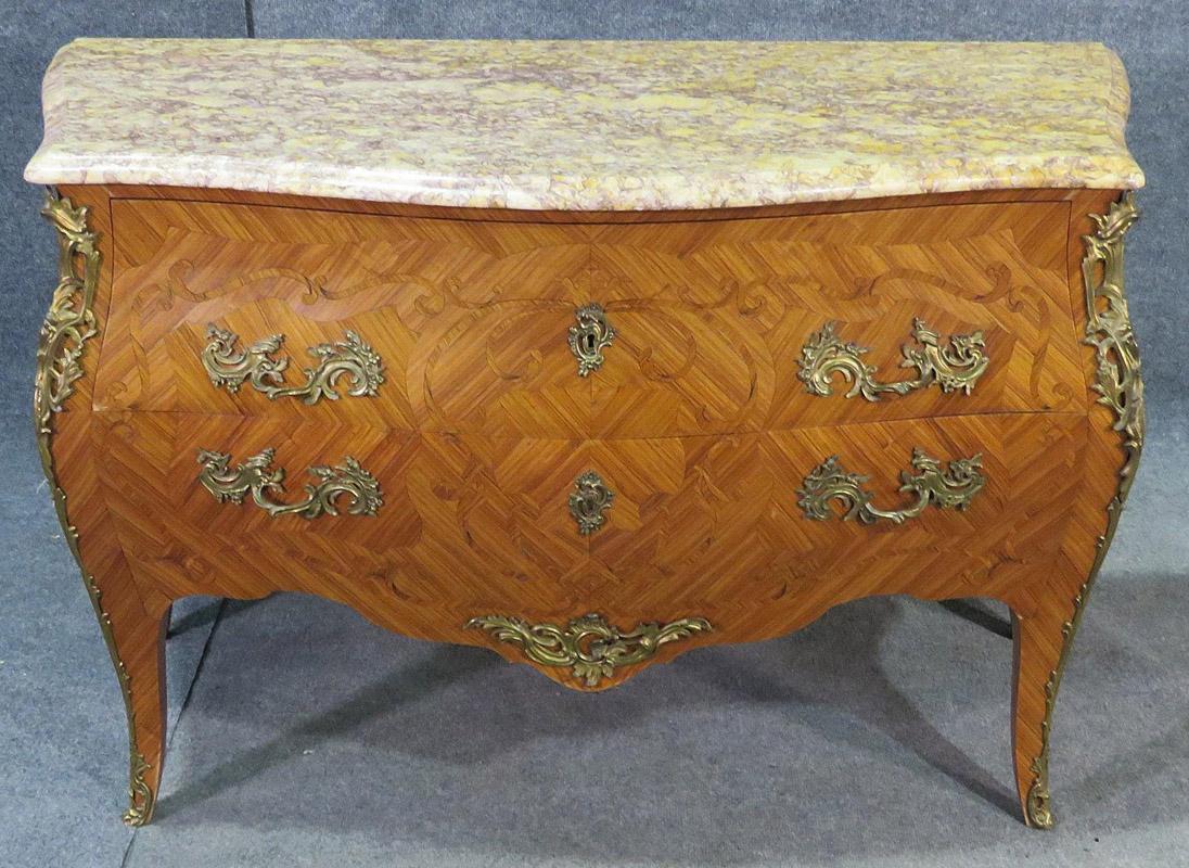 Early 20th Century French Kingwood Louis XV Marble Top Commode with Bronze Ormolu For Sale