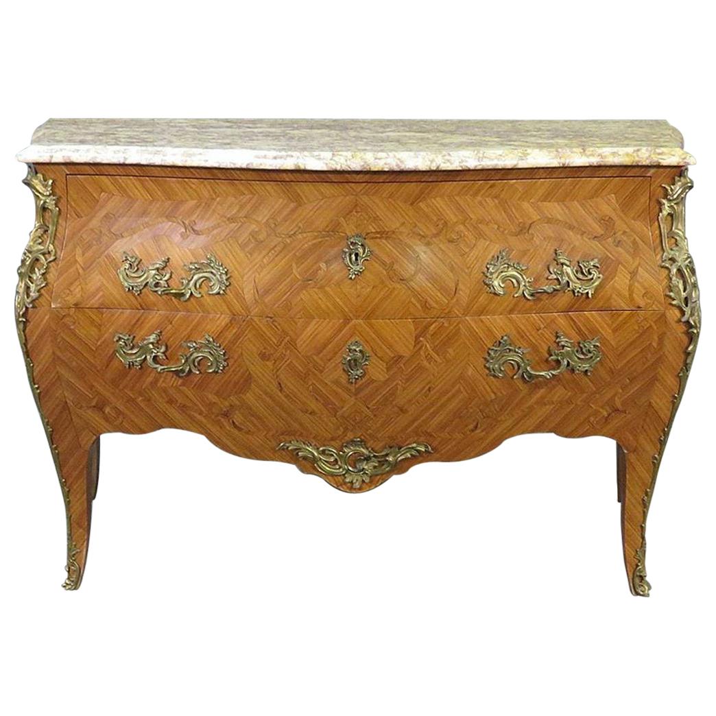 French Kingwood Louis XV Marble Top Commode with Bronze Ormolu