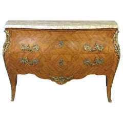 Antique French Kingwood Louis XV Marble Top Commode with Bronze Ormolu