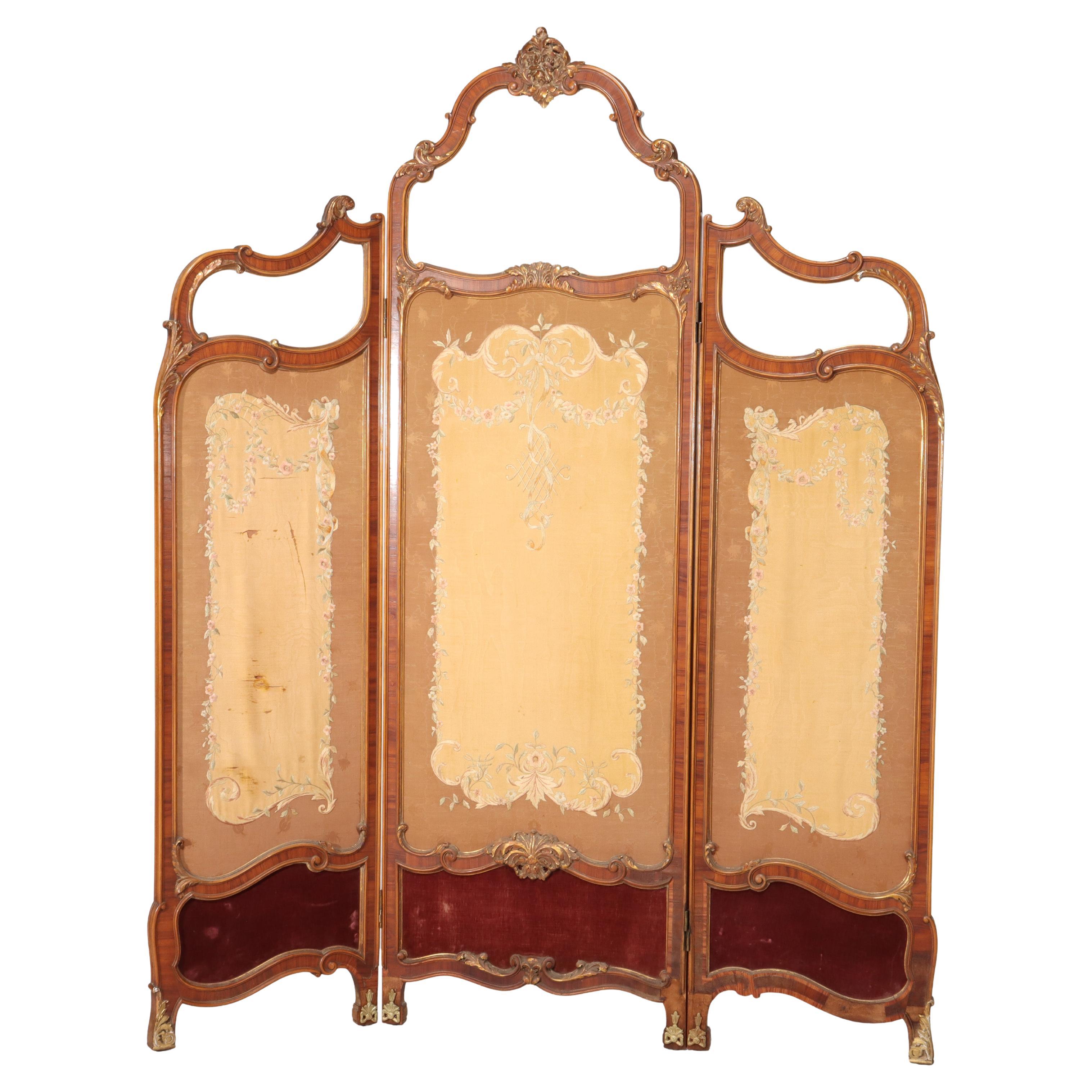 Biombo francés de madera de rey, caoba, bordado y cristal biselado c1890