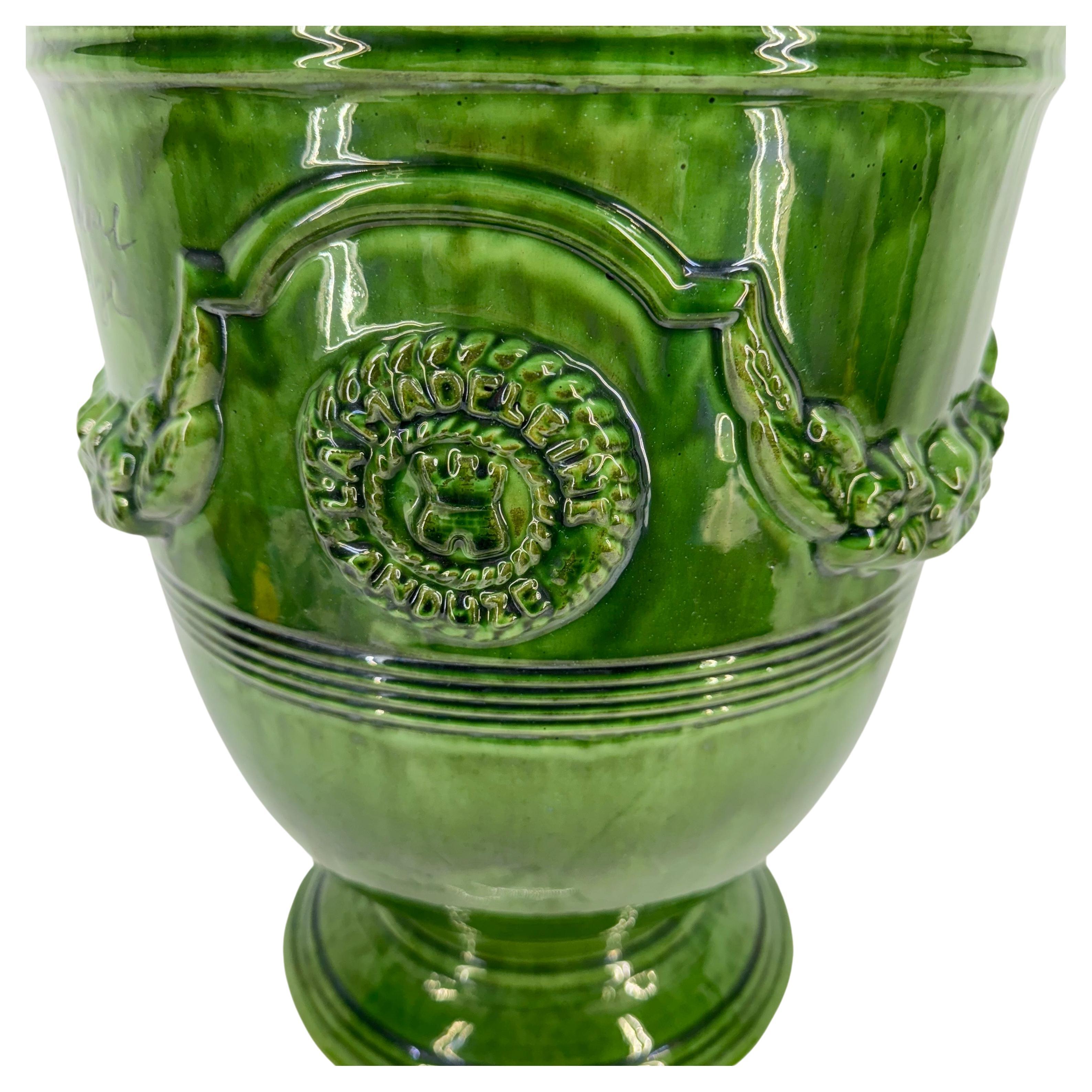 Large French La Madeleine Green Glazed Anduze Planter Urn In Good Condition In Haddonfield, NJ