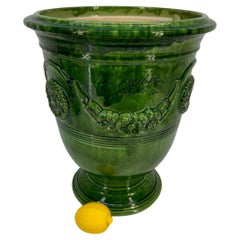 Vintage French La Madeleine Green Glazed Anduze Planter Urn 