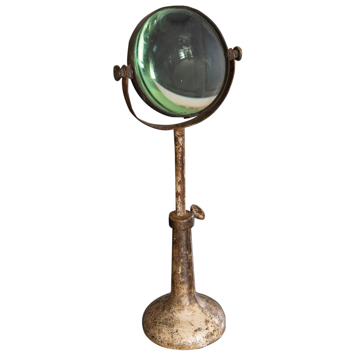 French Laboratory Magnifying Glass on Cast Iron Adjustable Stand