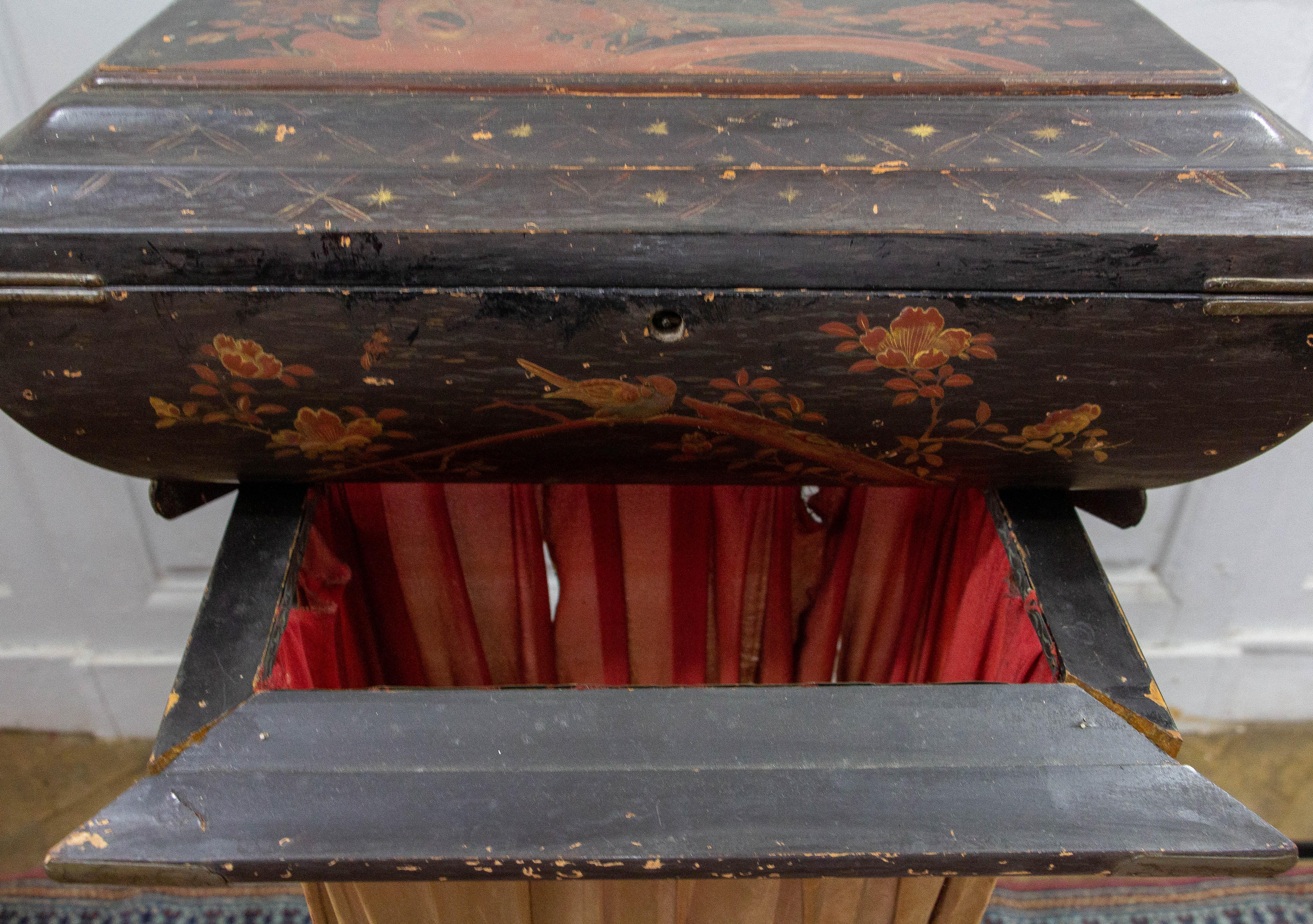 19th Century French lacquered Work table Side table Worker Accordion Sewing Cabinet, 19th C For Sale