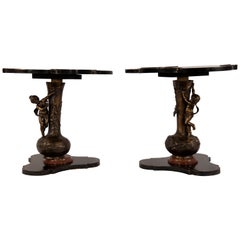 French Lacqure End Tables with Statues on Vases
