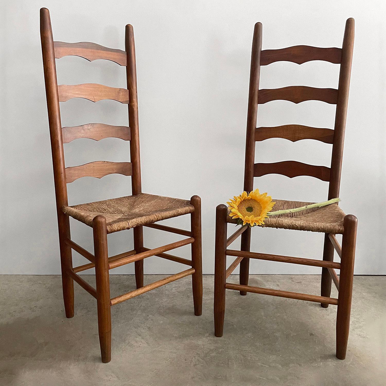 Rustic French ladder back chair
Solid wood chair frames 
Beautiful wood grain detail and natural color variations throughout 
Woven rush seats have minor imperfections from years of love and service 
Please reference photos 
Newly reconditioned