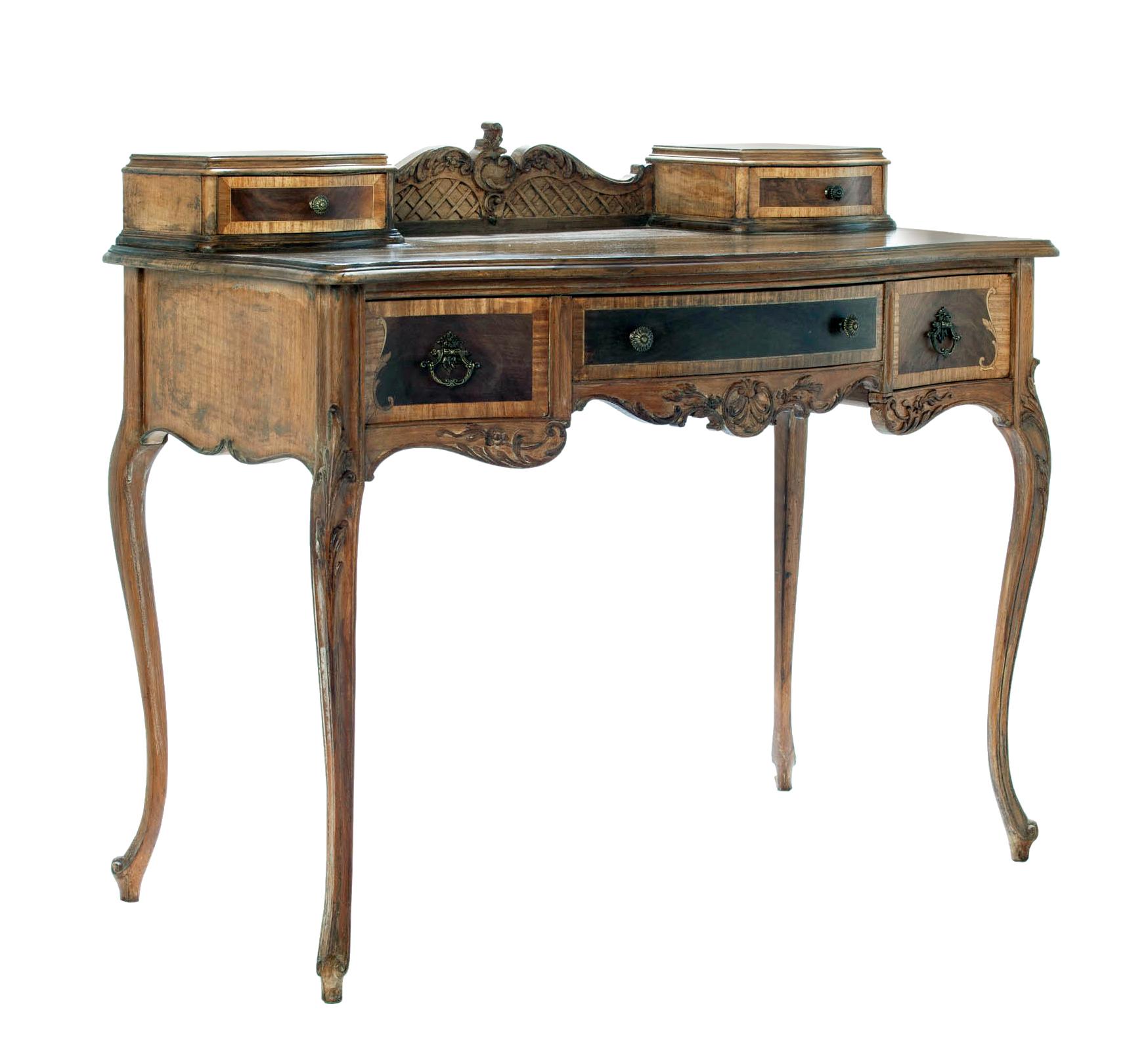 French provincial writing desk with two small upper drawers, two large lower drawer & a large center drawer. Cast brass pulls & knobs. 
Curvy profile with detailed carvings & marquetry. Dovetailed construction.
Hand carved weave pattern & provincial