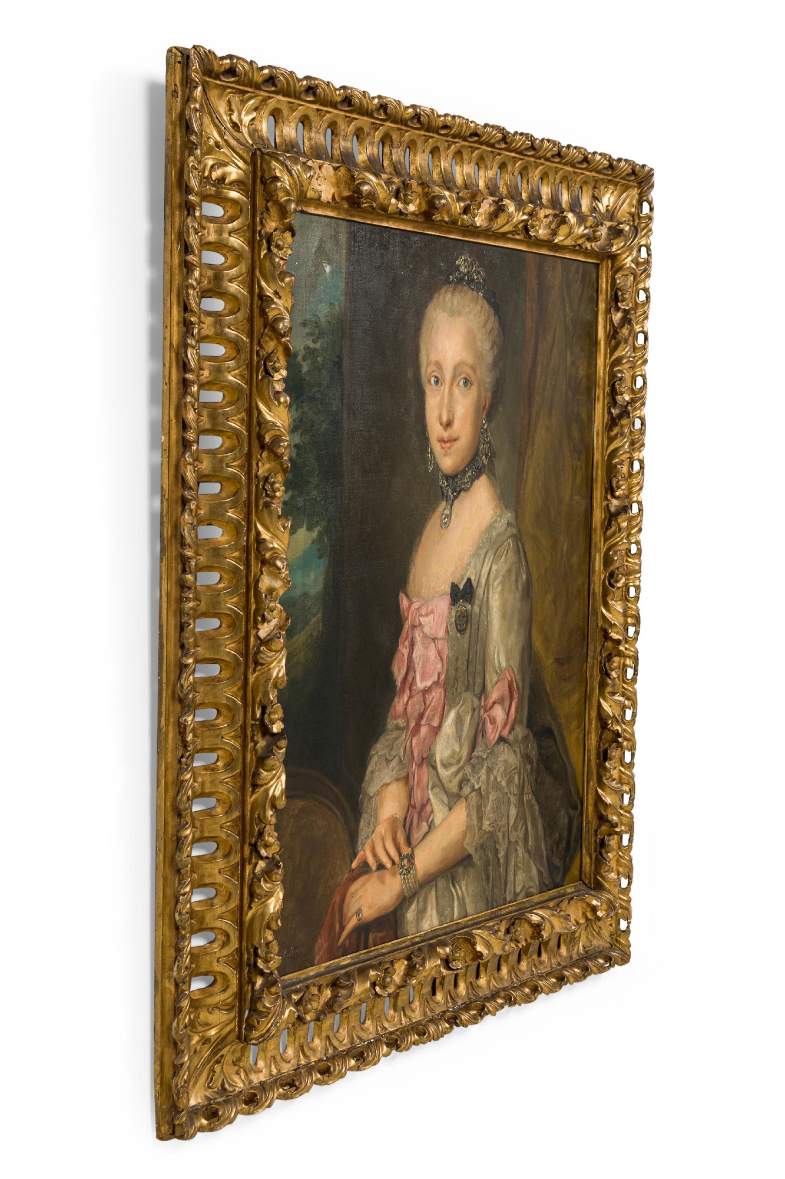 Quadro ad olio francese con cornice in filigrana dorata, ritratto di signora del XVIII secolo con fiocco rosa (firmato A. BERONER)