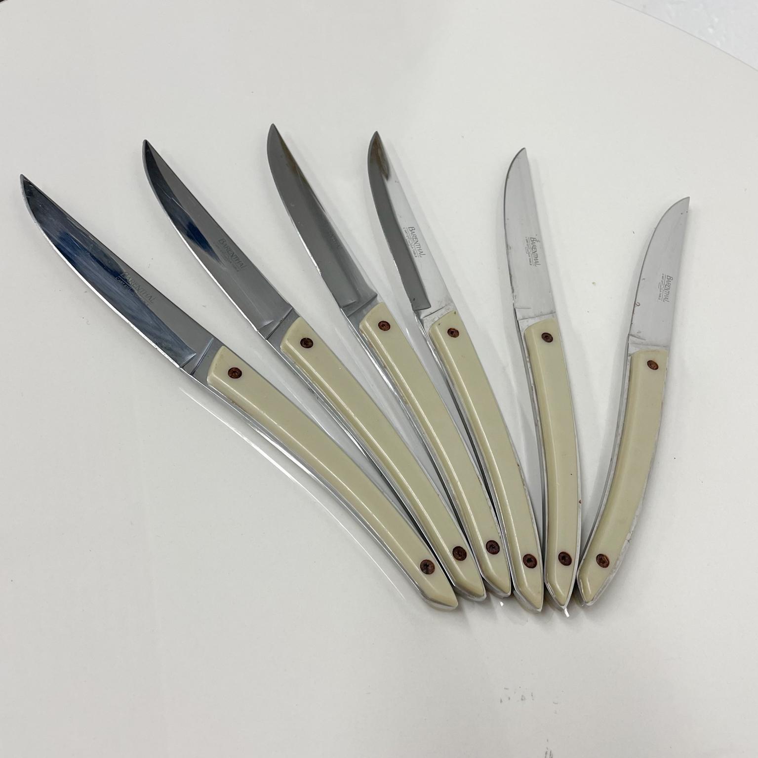 Knives
Set of 6 Vintage Laguiole Steak Knives designed by Jean Dubost
Stainless Steel with Ivory Colored Handle
9.13 L x .75 h x .5 d inches
Preowned original unrestored vintage condition. No box.
Refer to images provided.
