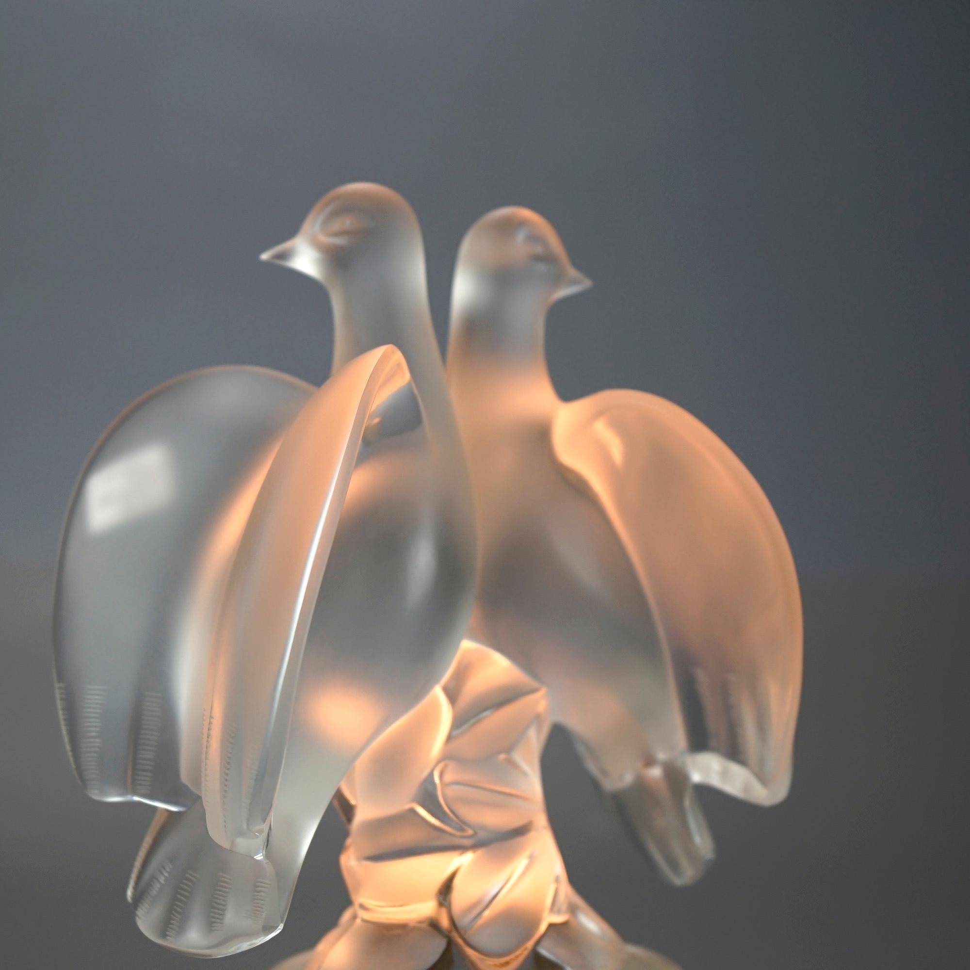 French Lalique Ariane Frosted Art Glass Dove Sculpture & Lighted Pedestal 20th C 2