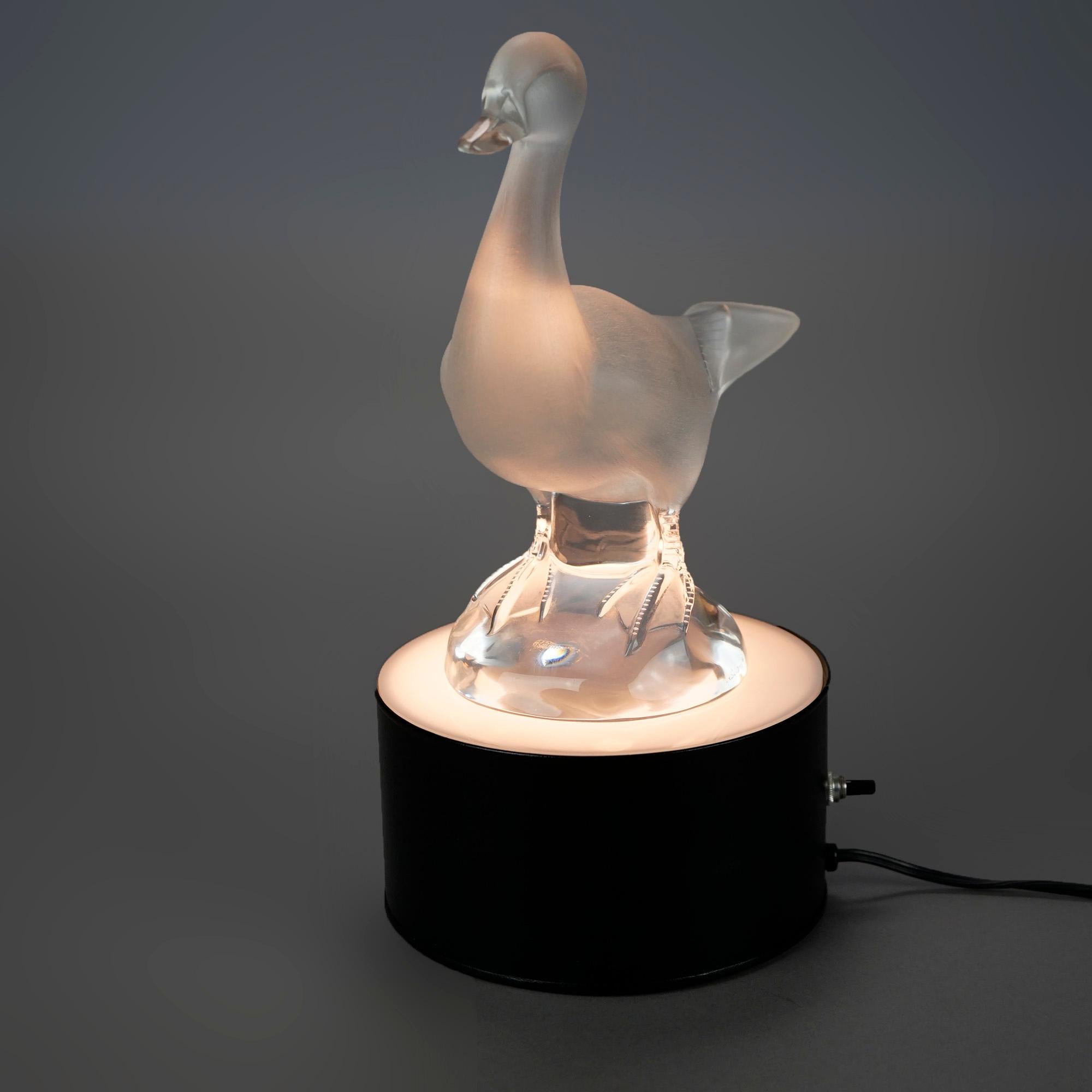 French Lalique Art Glass Duck Sculpture on Lighted Display, Signed, 20th C In Good Condition In Big Flats, NY