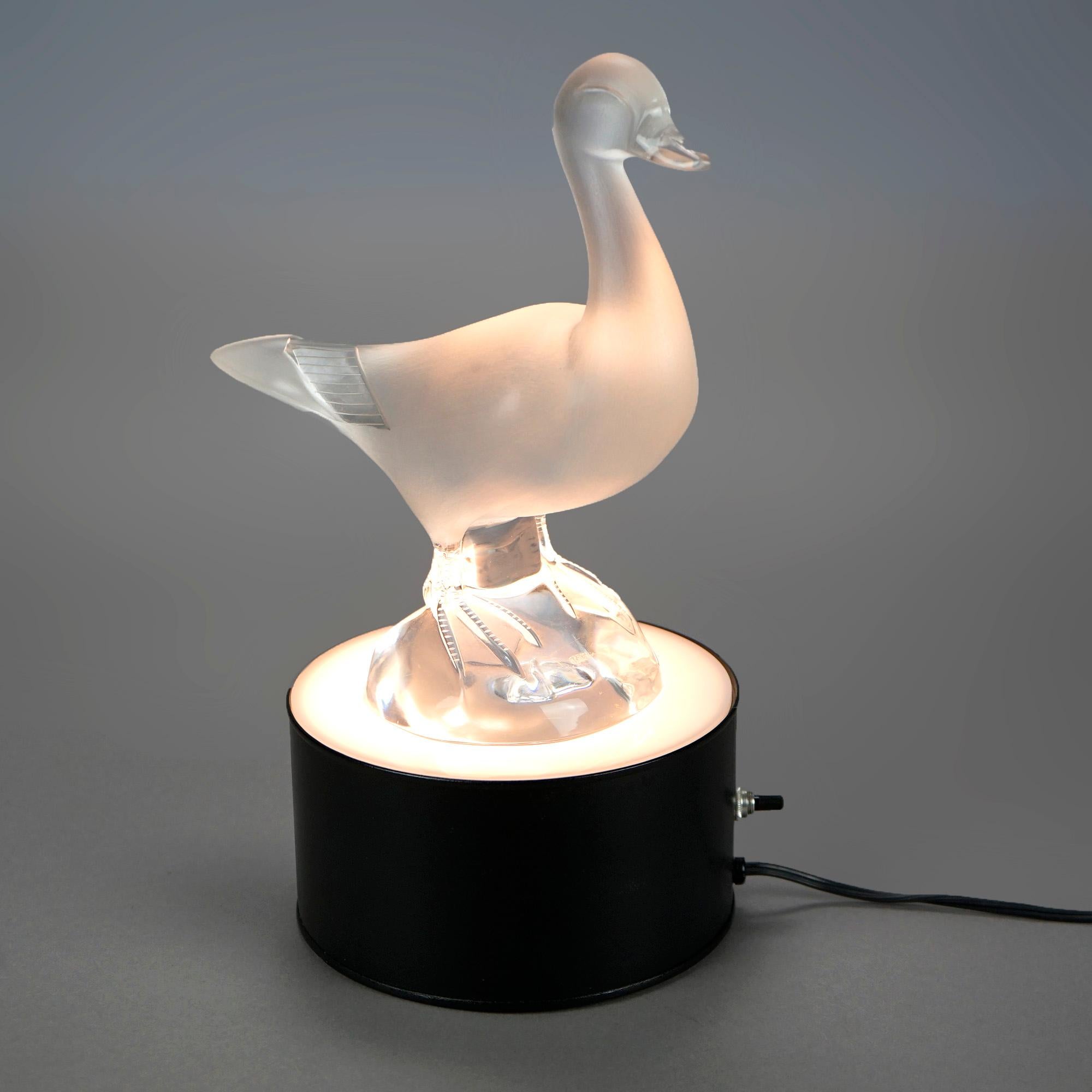 20th Century French Lalique Art Glass Duck Sculpture on Lighted Display, Signed, 20th C