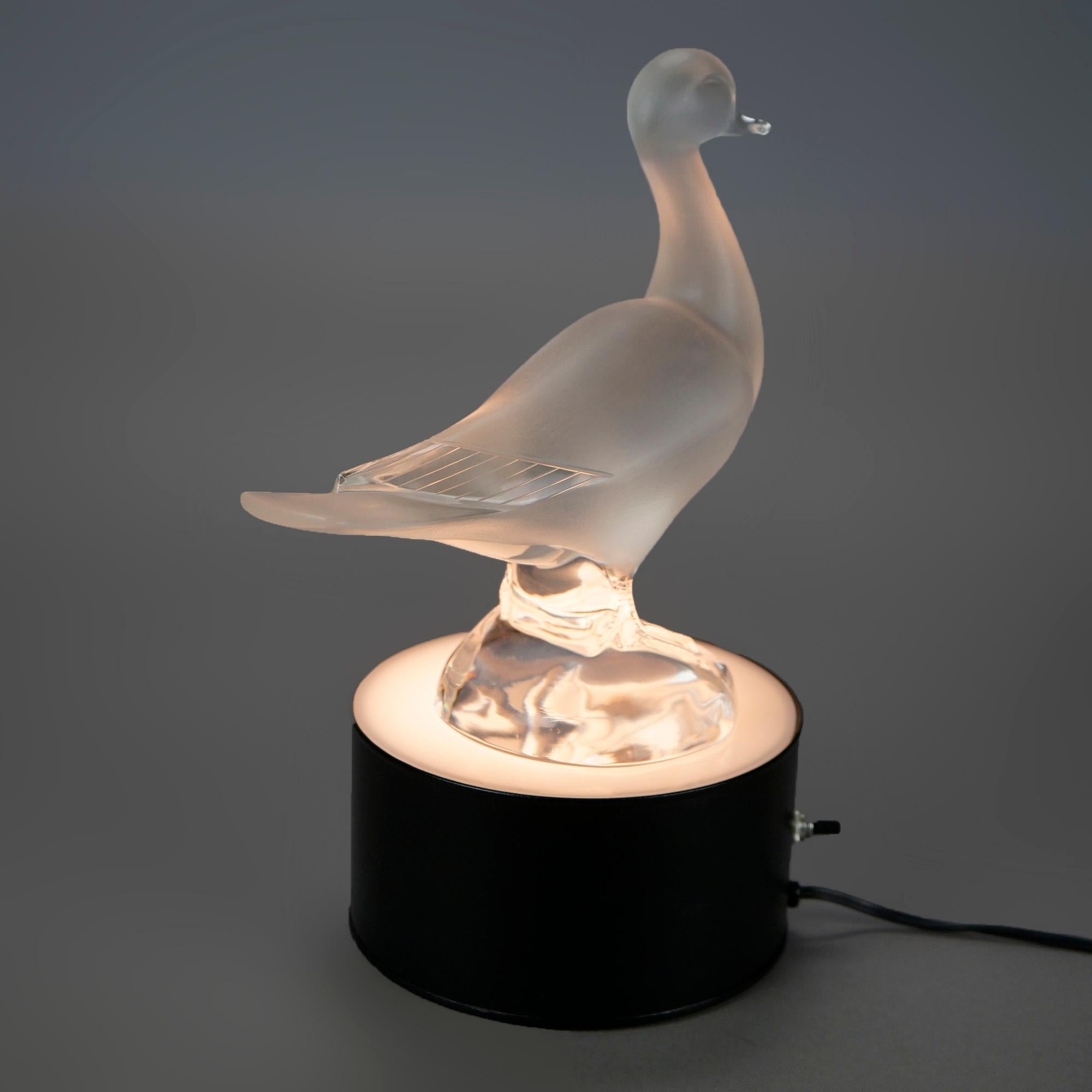French Lalique Art Glass Duck Sculpture on Lighted Display, Signed, 20th C 1