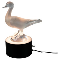 French Lalique Art Glass Duck Sculpture on Lighted Display, Signed, 20th C