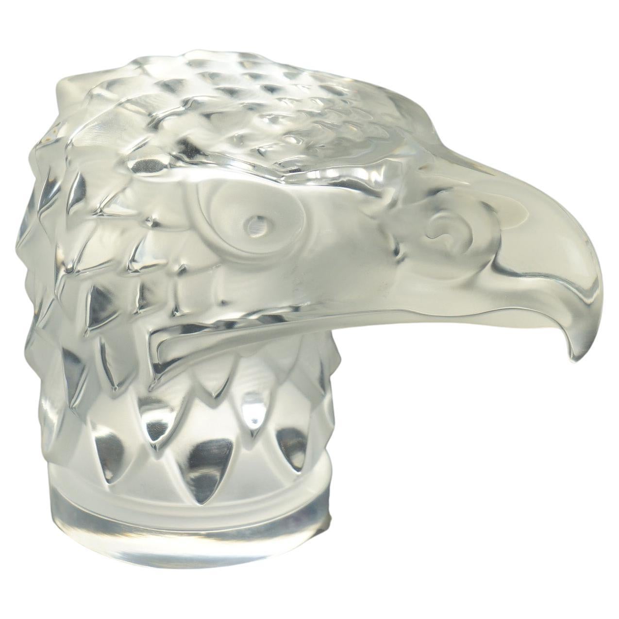 French Lalique Crystal Glass Figural Eagle Head Paperweight, Signed, 20thC For Sale