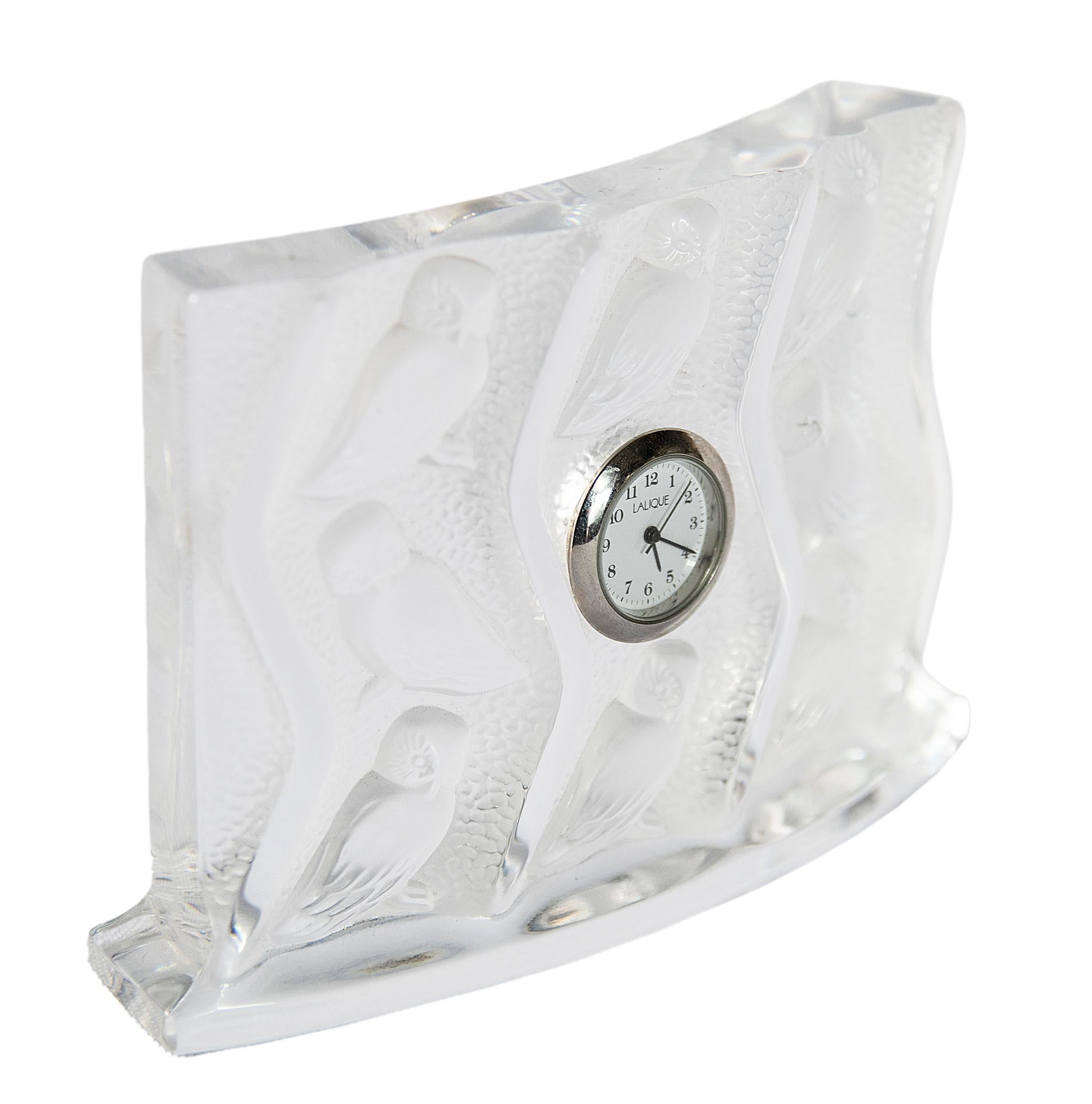 Hand-Crafted French Lalique Crystal Owl Table Clock For Sale