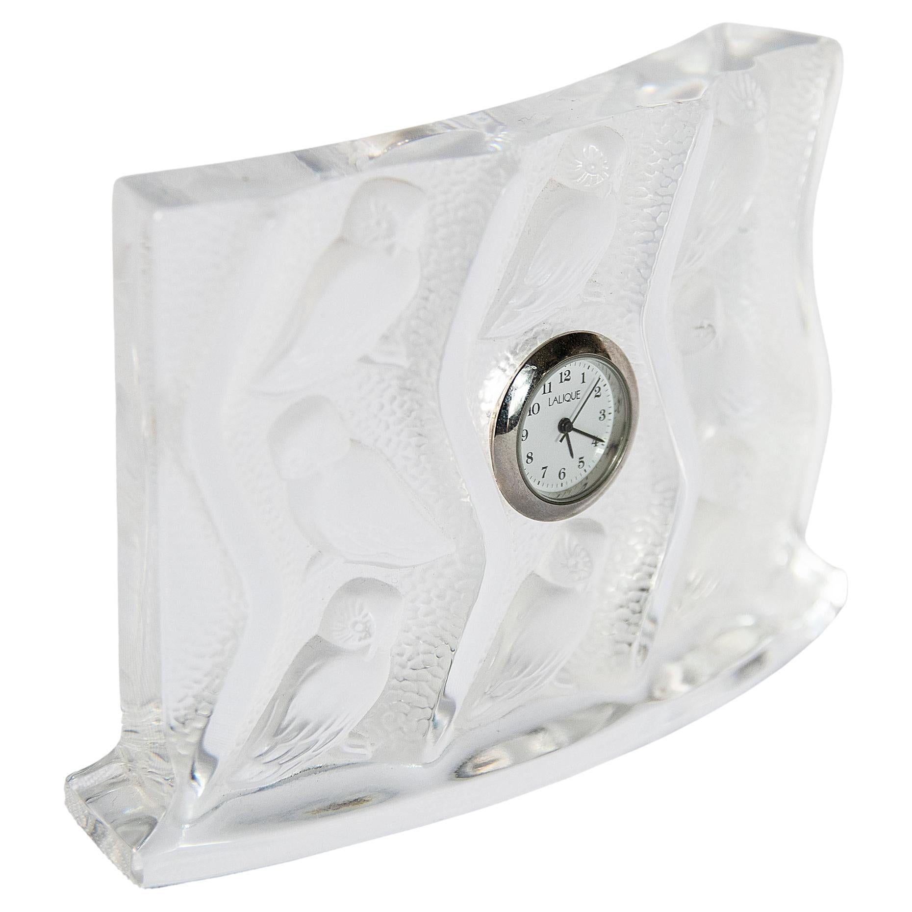 French Lalique Crystal Owl Table Clock For Sale