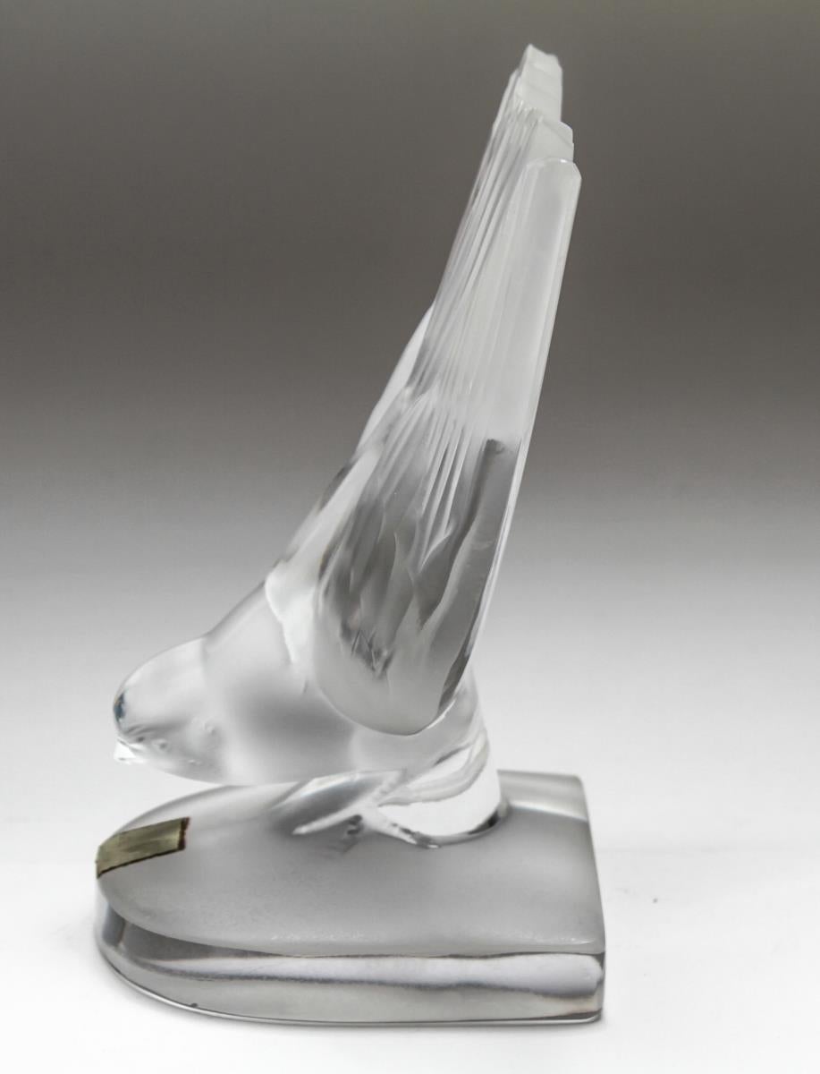 French Lalique colorless clear and satin crystal 'pecking sparrow' paperweight sculpture. Original Lalique foil label on top of base, the underside of base etched 