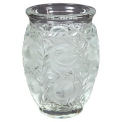 French Lalique Frosted Art Glass Vase with Birds in Relief, 20th C