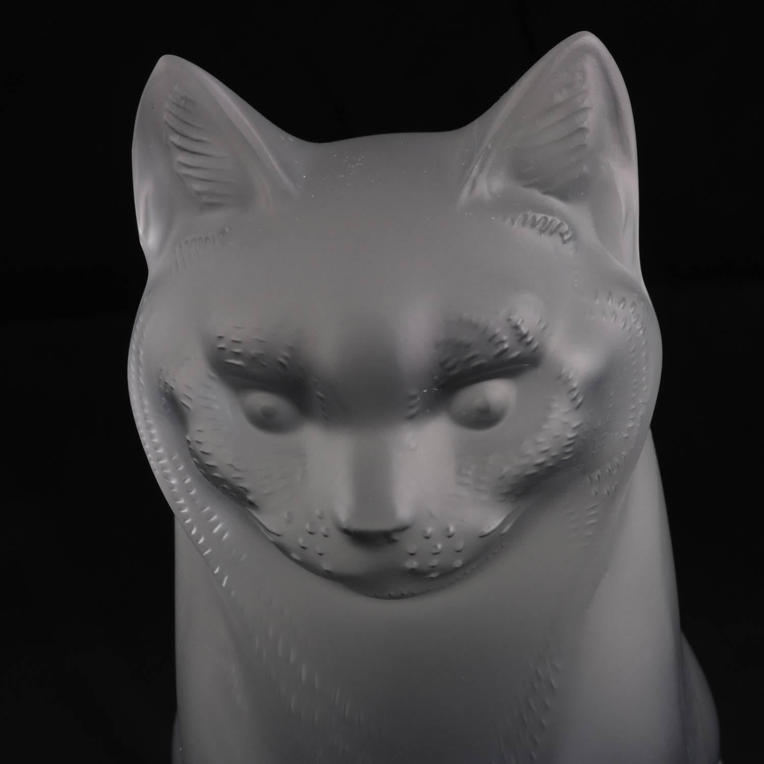 20th Century French Lalique Frosted Crystal Sitting Cat Sculpture, Style No. 1160300