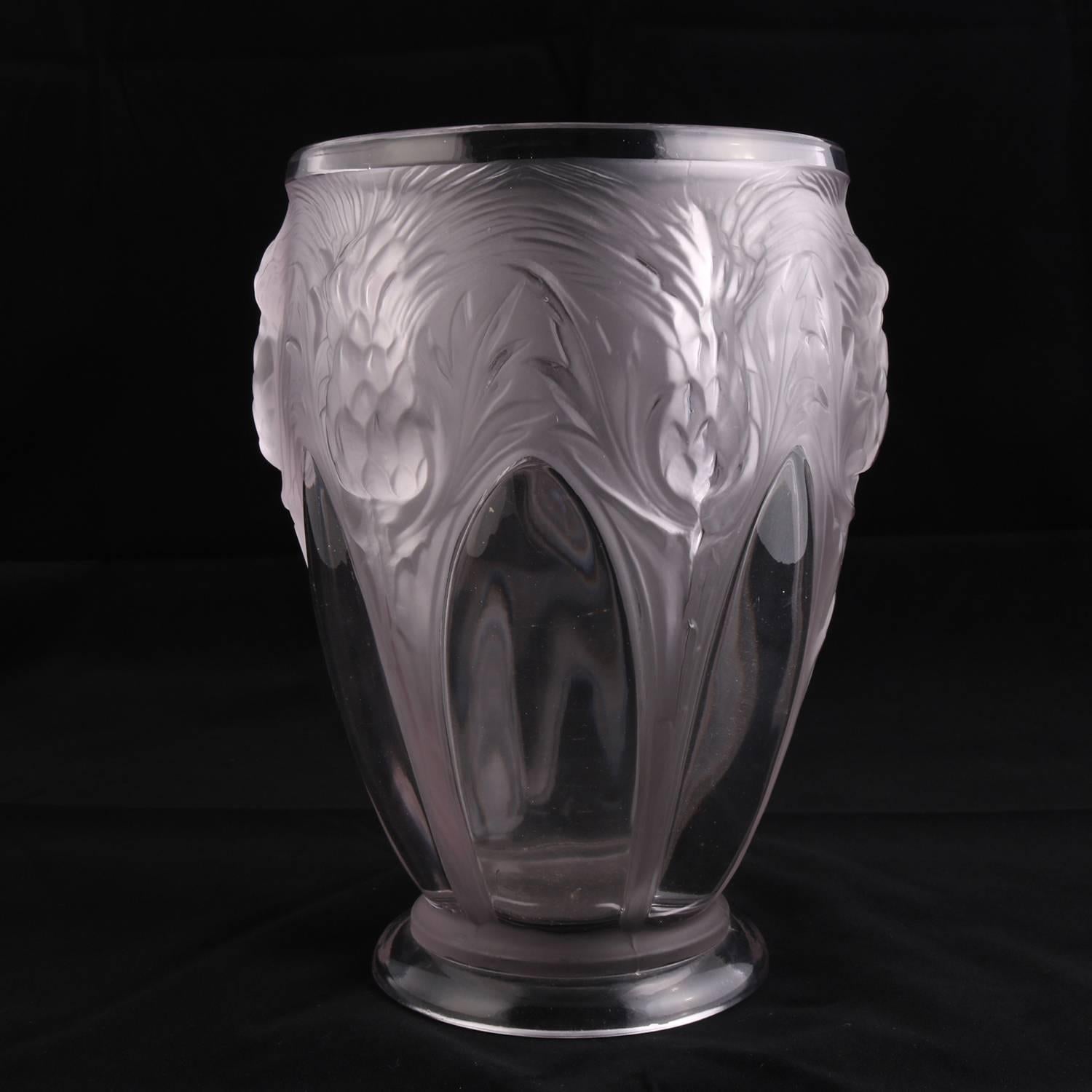 French Lalique School Clear Frosted Crystal Thistle Vase Signed Verly's In Good Condition In Big Flats, NY