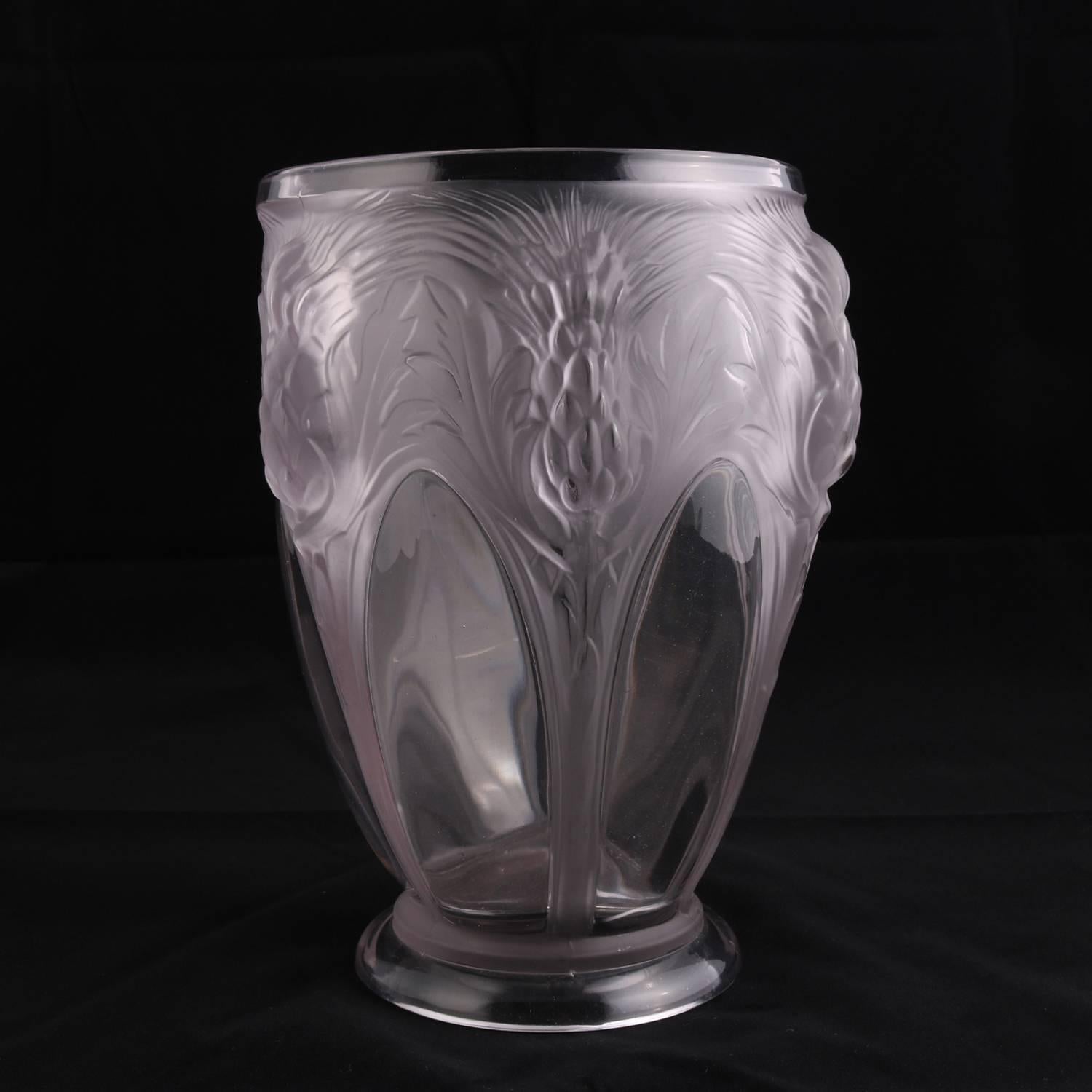 20th Century French Lalique School Clear Frosted Crystal Thistle Vase Signed Verly's