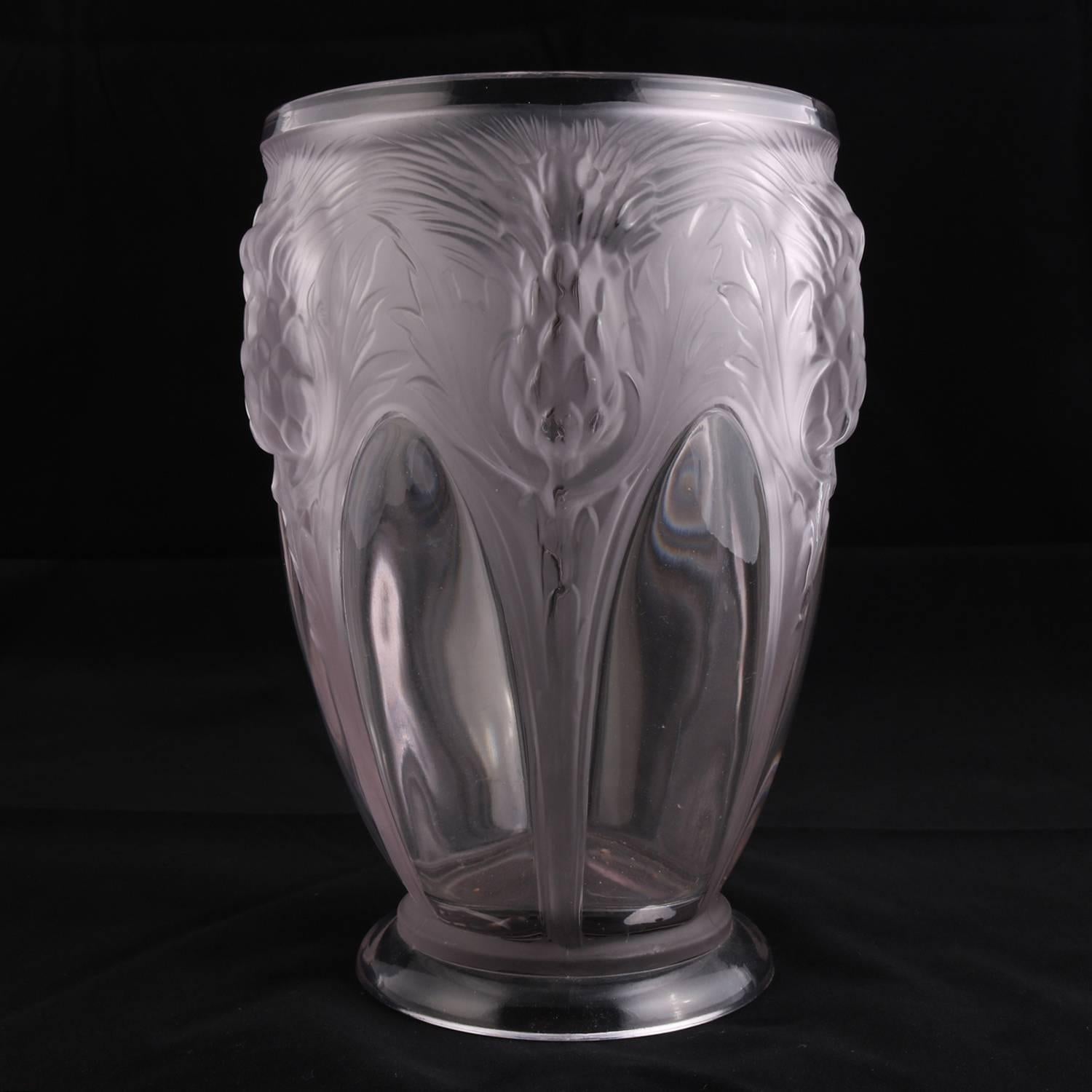 Art Glass French Lalique School Clear Frosted Crystal Thistle Vase Signed Verly's