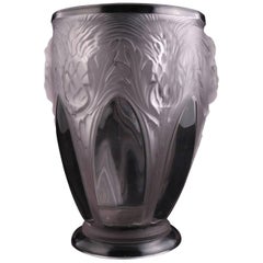 French Lalique School Clear Frosted Crystal Thistle Vase Signed Verly's