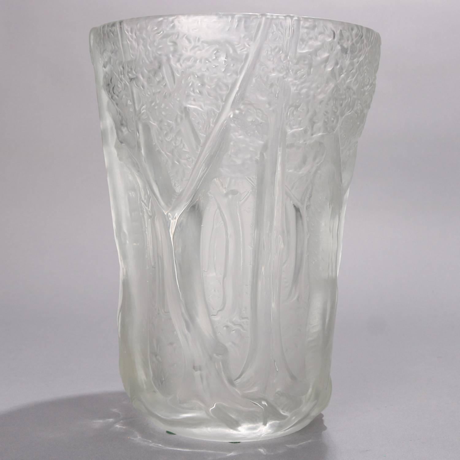 French Lalique School frosted crystal glass vase features flared cylinder form with allover high relief woodland forest scene, 20th century

Measures: 10.25