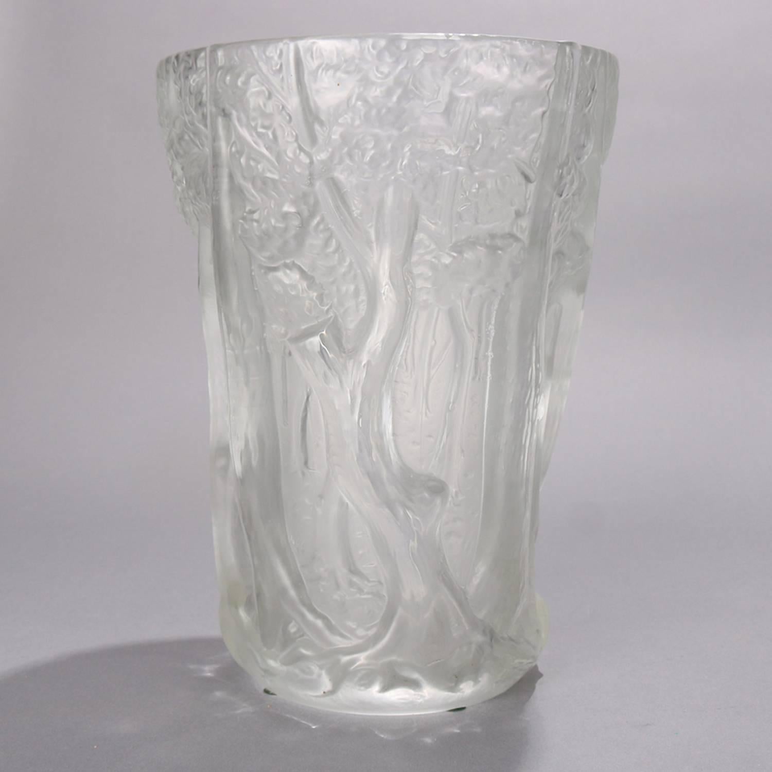 French Lalique School Frosted Crystal High Relief Woodland Vase, 20th Century 1