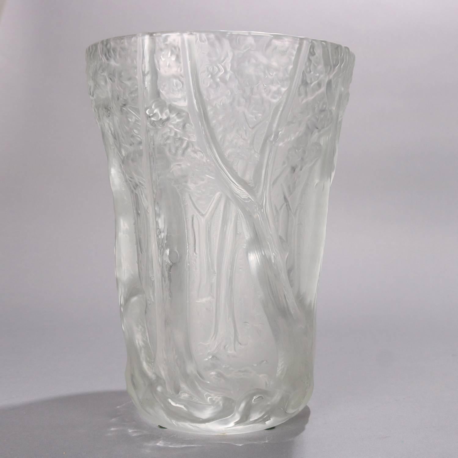 French Lalique School Frosted Crystal High Relief Woodland Vase, 20th Century 3