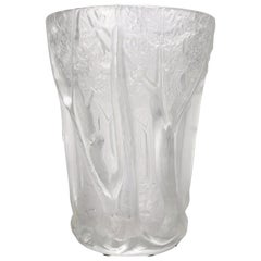 French Lalique School Frosted Crystal High Relief Woodland Vase, 20th Century